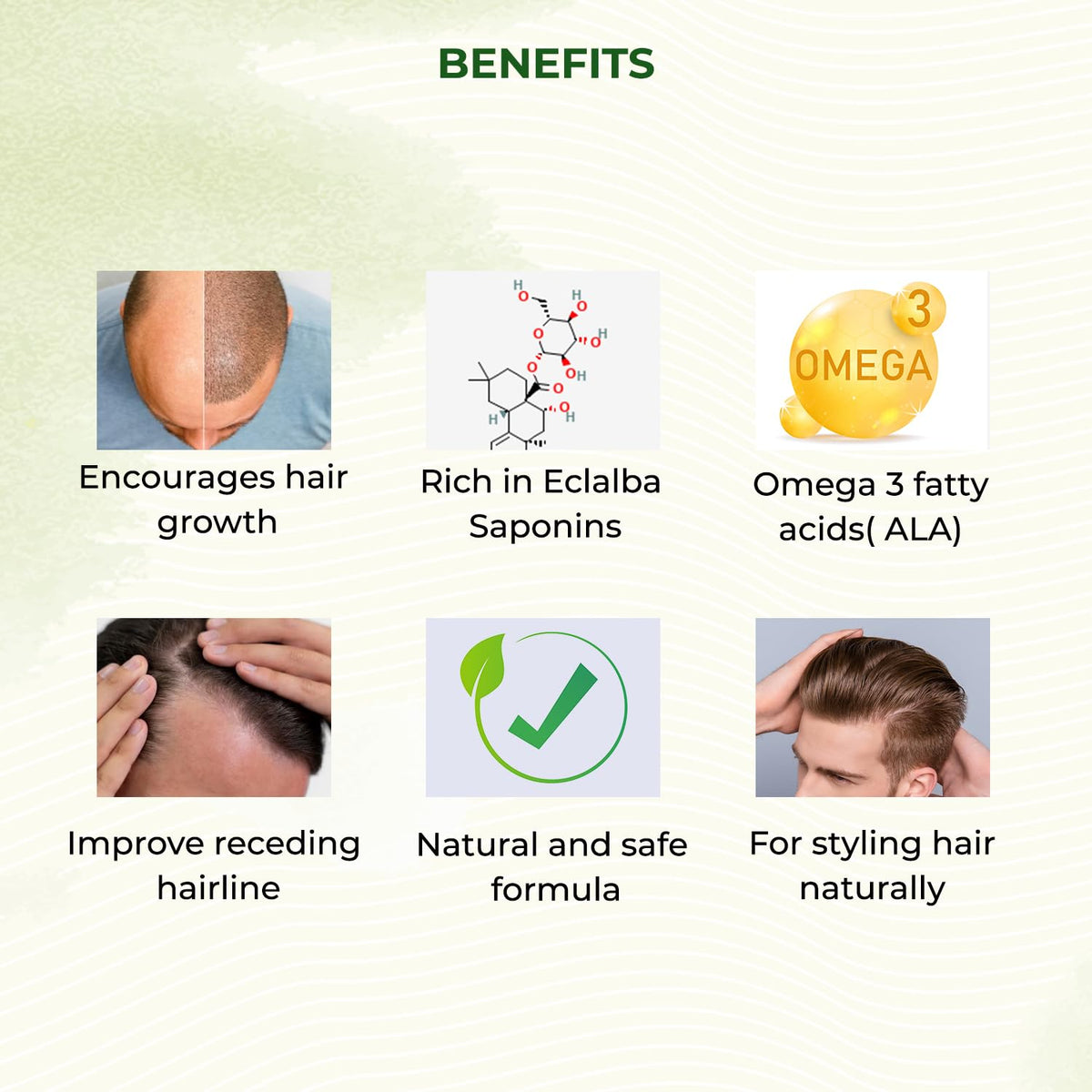 Hair care product benefits including hair growth, saponins, omega 3 fatty acids, and more.