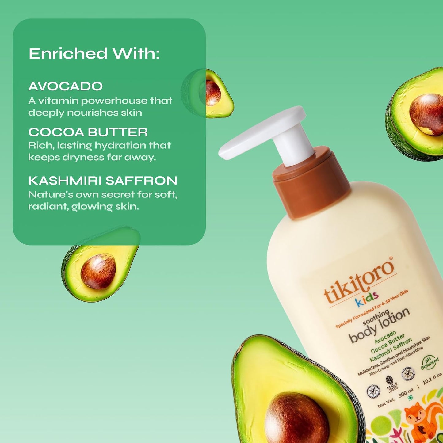 Tikitoro Kids Soothing Body Lotion | Pediatrician Approved | Moisturizes, Soothes & Nourishes Skin |100% Vegan with Avocado, Cocoa Butter, Kashmiri Saffron Extract |Daily Use (Age: 4+ Years) (300 x 1)