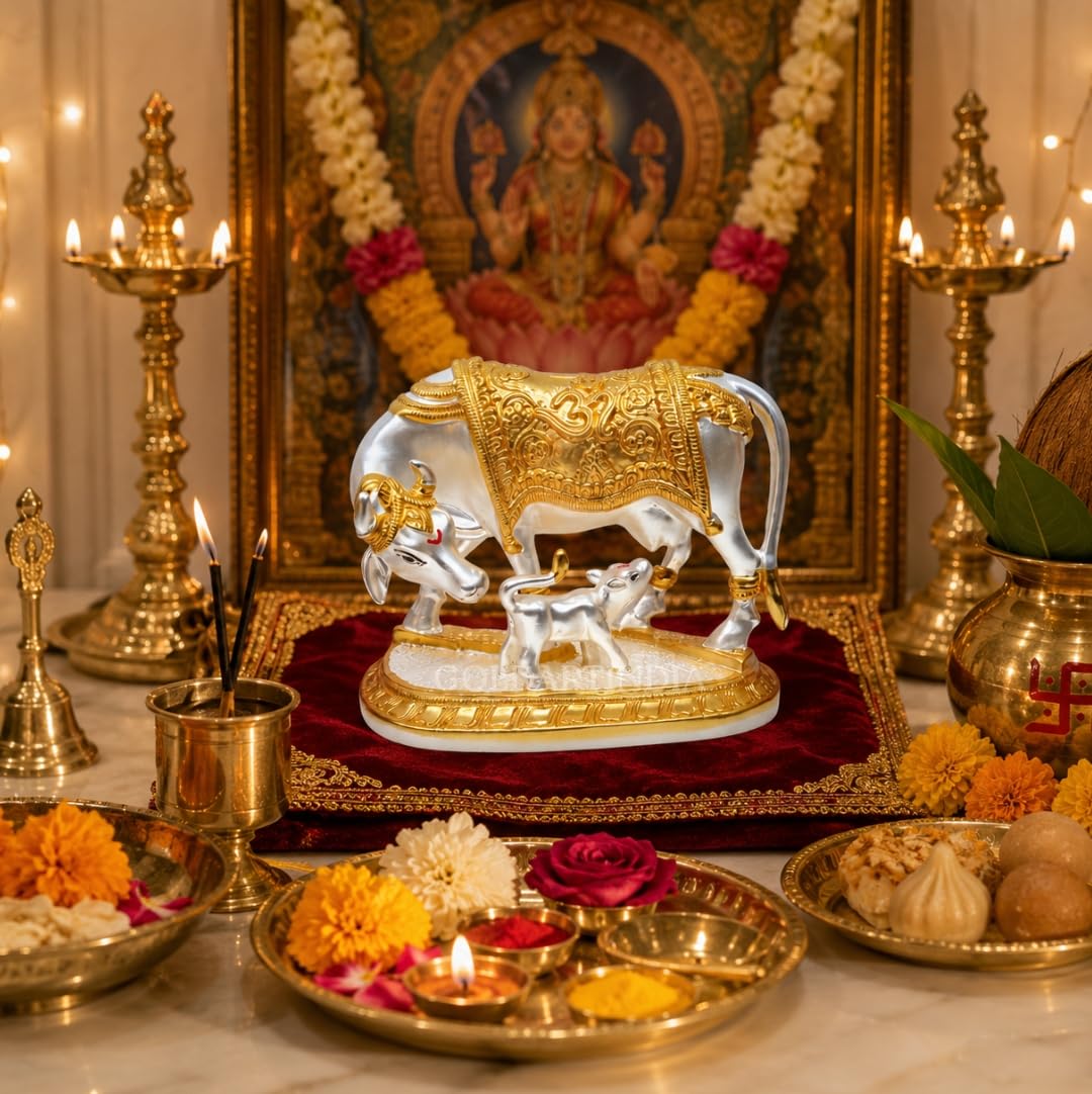Gold Art India Kamdhenu Cow with Calf Idol | 999 Silver Plated & 24KT Gold Plated | Two Tone Matte Finish | Premium Peacock Green Velvet Gift Box | Vastu Cow Statue for Home Temple & Spiritual Gifting