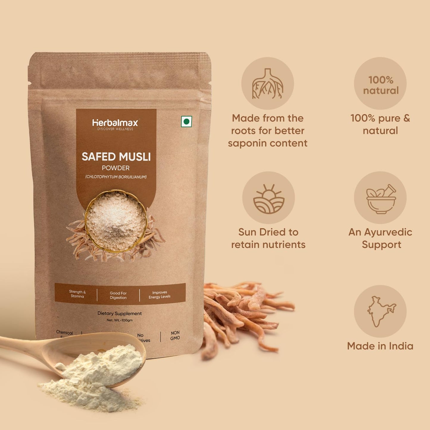 Herbal Max Organic Safed Musli Root Powder – 100g | Ayurvedic Supplement for Strength, Stamina, Vitality & Performance | Herbal Health Booster