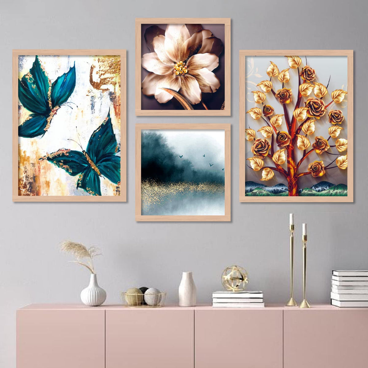 Wood Premium Digital Paintings With Frame For Home Decoration - Painting For Living Room Bedroom Office - Pack Of 4 (A)