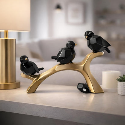Artistic Geometric Bird Figurine on Branch for Home & Office Décor | Contemporary Black & Gold Sculptural Showpiece for Living Room, Shelf & Console Styling (29.5 cm)