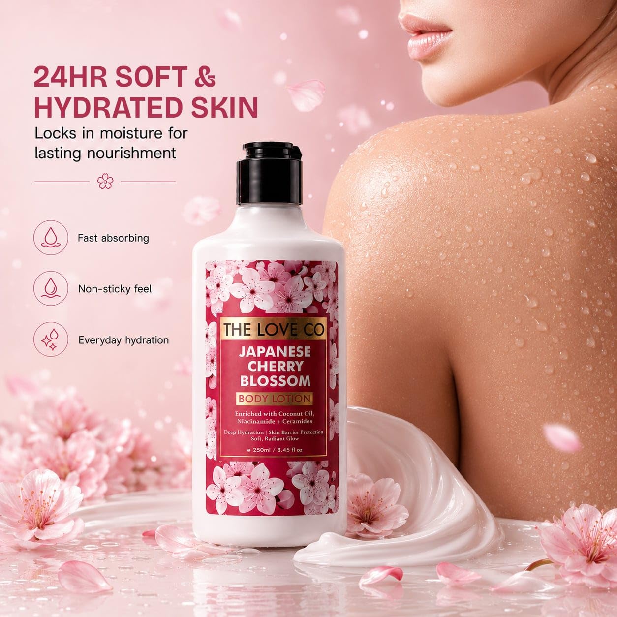 The Love Co Japanese Cherry Blossom Body Lotion for Women | Perfume Body Lotion with Niacinamide, Ceramides, Shea Butter & Coconut Oil | 48Hr Deep Hydration, Non-Greasy Moisturizer for Dry Skin | 250ml