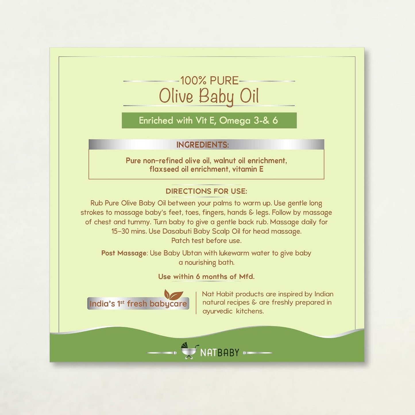 Nat Habit 100% Pure Olive Baby Oil For Baby Skin & Hair, Enriched With Vit E & Omega-3, 6 Non-Refined, LLP Free, Chemical & Preservative Free - 100 ml