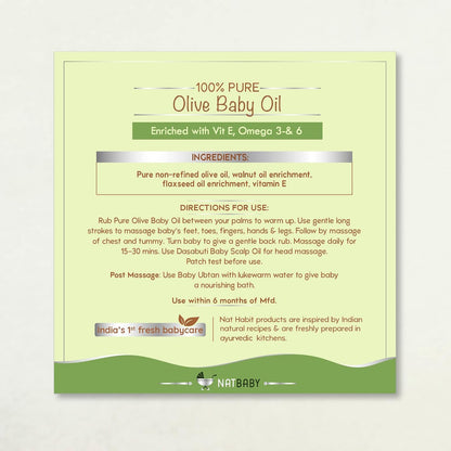 Nat Habit 100% Pure Olive Baby Oil For Baby Skin & Hair, Enriched With Vit E & Omega-3, 6 Non-Refined, LLP Free, Chemical & Preservative Free - 100 ml