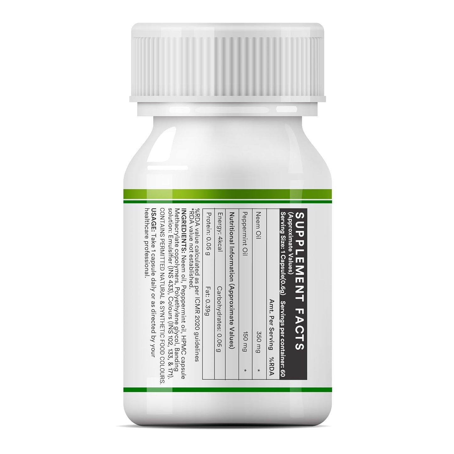 INLIFE Neem Oil 350mg with Peppermint Oil 150mg | Digestive Health & Skin, Hair Care Supplement | Enteric Coated Capsules – 60 Liquid Filled Vegetarian Capsules (Pack of 1, 60)