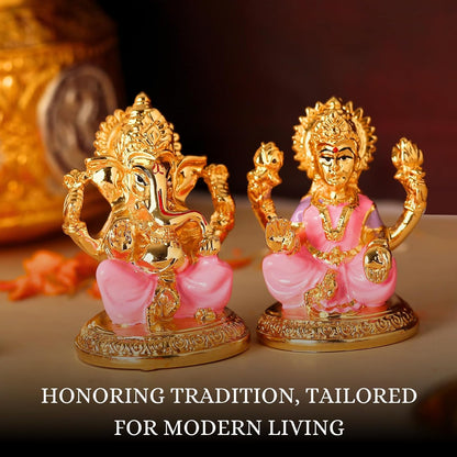 Gold Plated Laxmi Ganesh Idols for Pooja Room, Car Dashboard, Gifting, Table and Home Decor - Resin - 3x2 Inches (Pink)