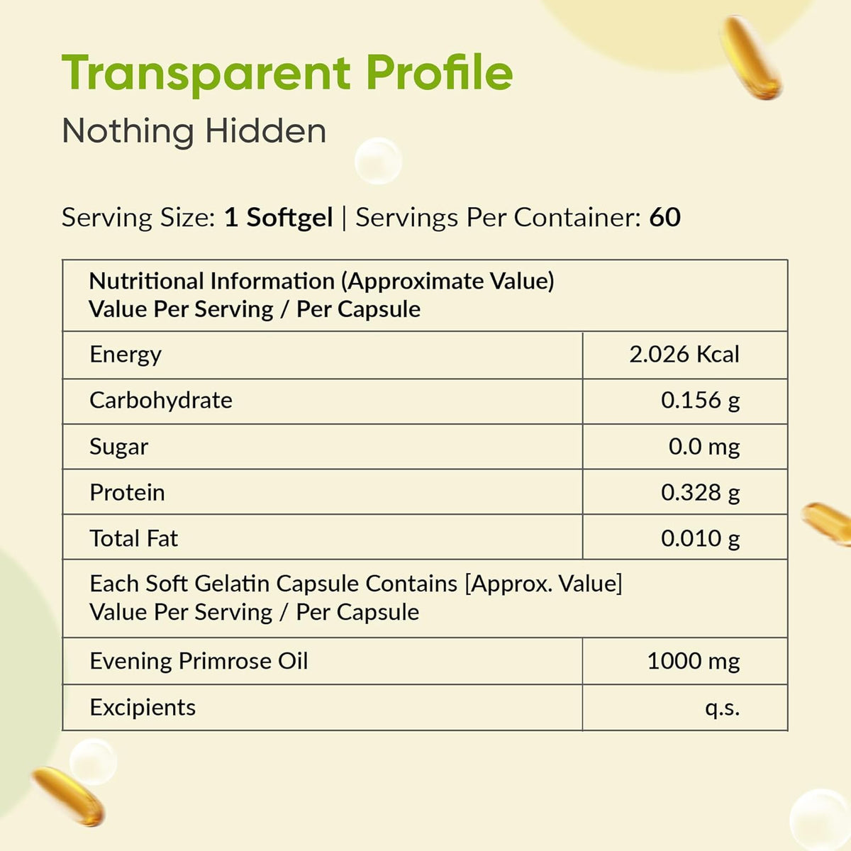 Nutritional information label for a softgel capsule with evening primrose oil on a light background.