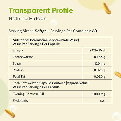 Nutritional information label for a softgel capsule with evening primrose oil on a light background.