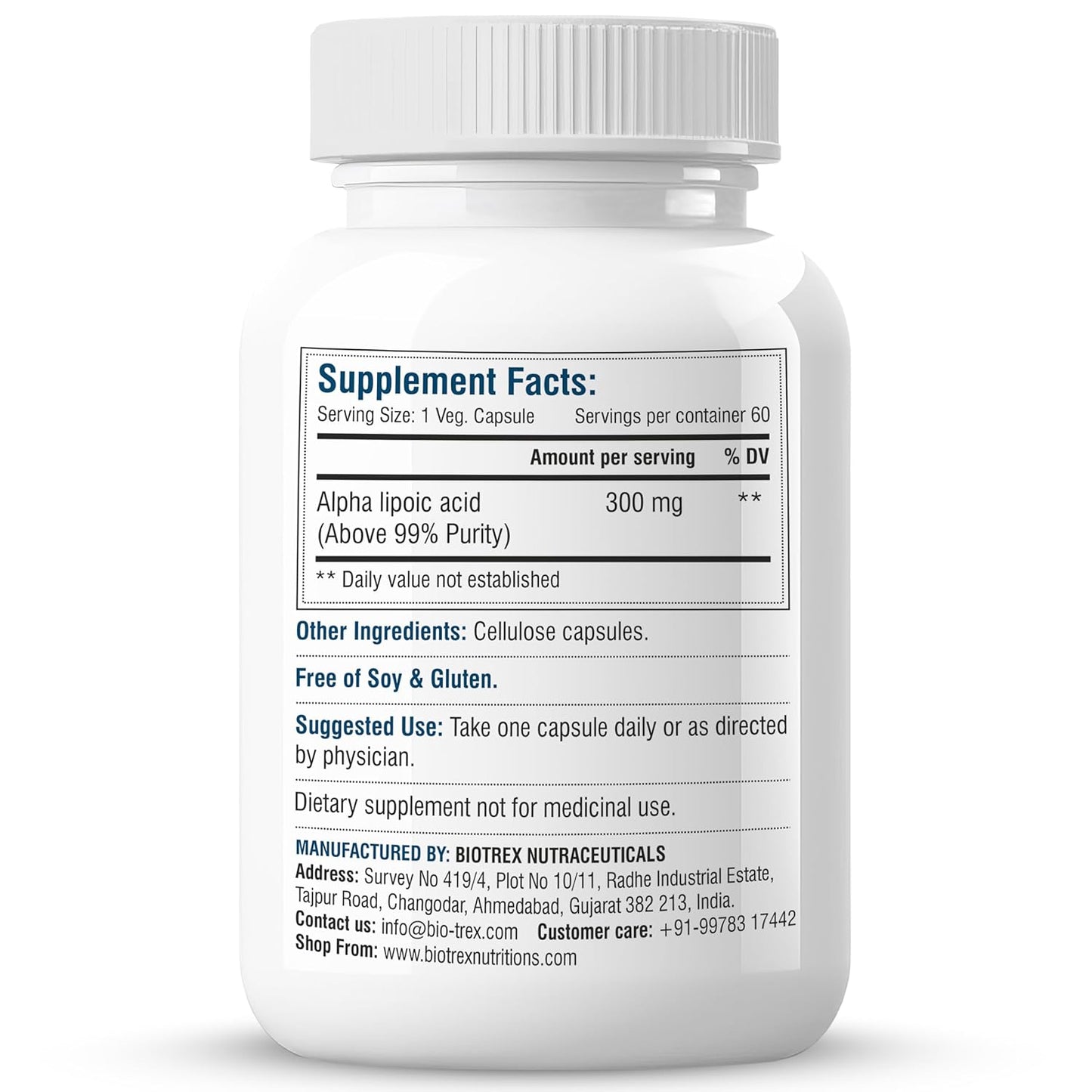 Biotrex Nutraceuticals Alpha Lipoic Acid (ALA) 300mg | Supports Cognitive & Nerve Health | Potent Antioxidant | Healthy Liver & Skin Health | Immunity | Energy & Metabolism | Non GMO | 60 Veg Capsules
