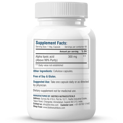 Biotrex Nutraceuticals Alpha Lipoic Acid (ALA) 300mg | Supports Cognitive & Nerve Health | Potent Antioxidant | Healthy Liver & Skin Health | Immunity | Energy & Metabolism | Non GMO | 60 Veg Capsules