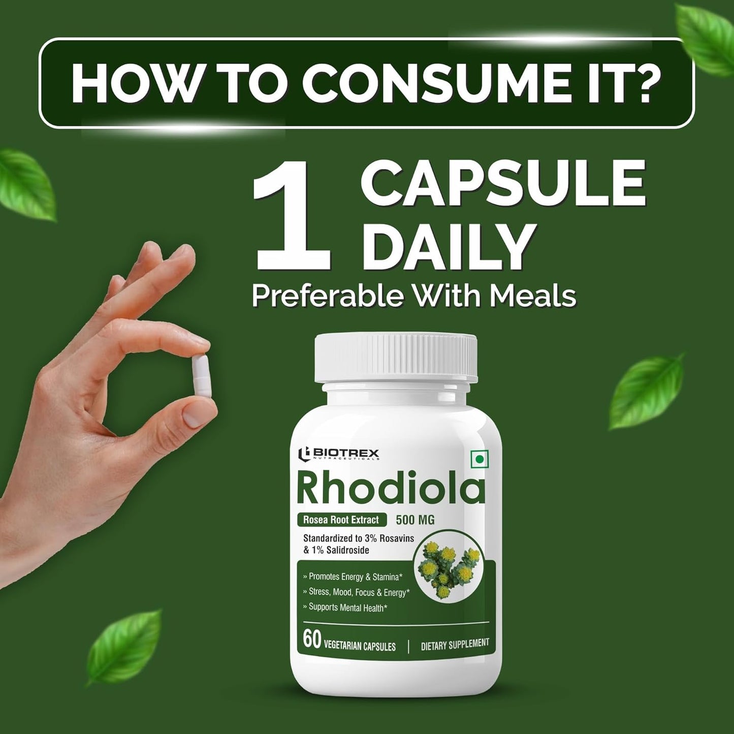 Biotrex Nutraceuticals Rhodiola 500mg Supplement | Adaptogenic Natural Herb | Relaxation & Cognitive Wellbeing | Enhances Resilience, Sleep & Focus | Healthy Stamina | Non-GMO | 60 Veg Capsules