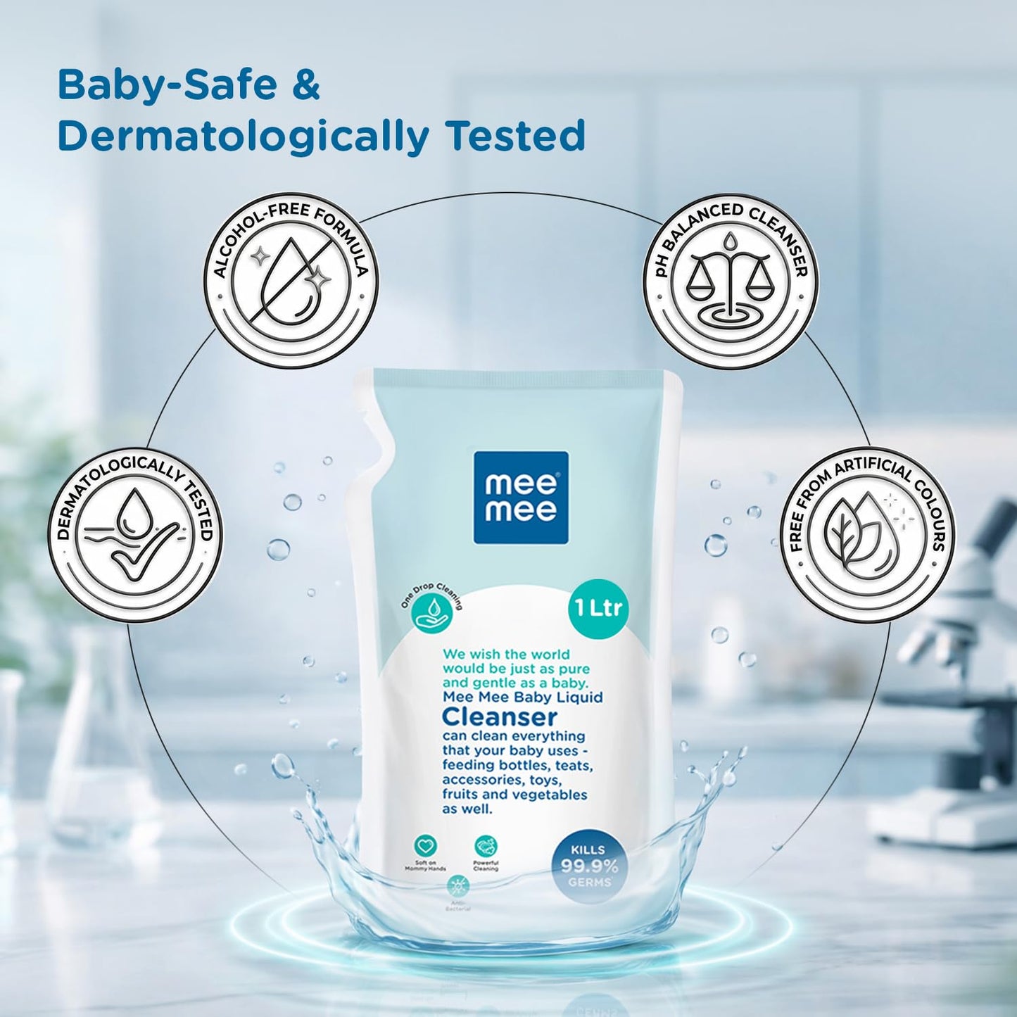 Mee Mee Baby Liquid Cleanser 1 L, Anti-Bacterial Kills 99.9% Germs | for Feeding Bottles, Nipples, Accessories, Toys, Fruits & Vegetables | No Alcohol, One Drop Cleaning, Dermatologically Tested