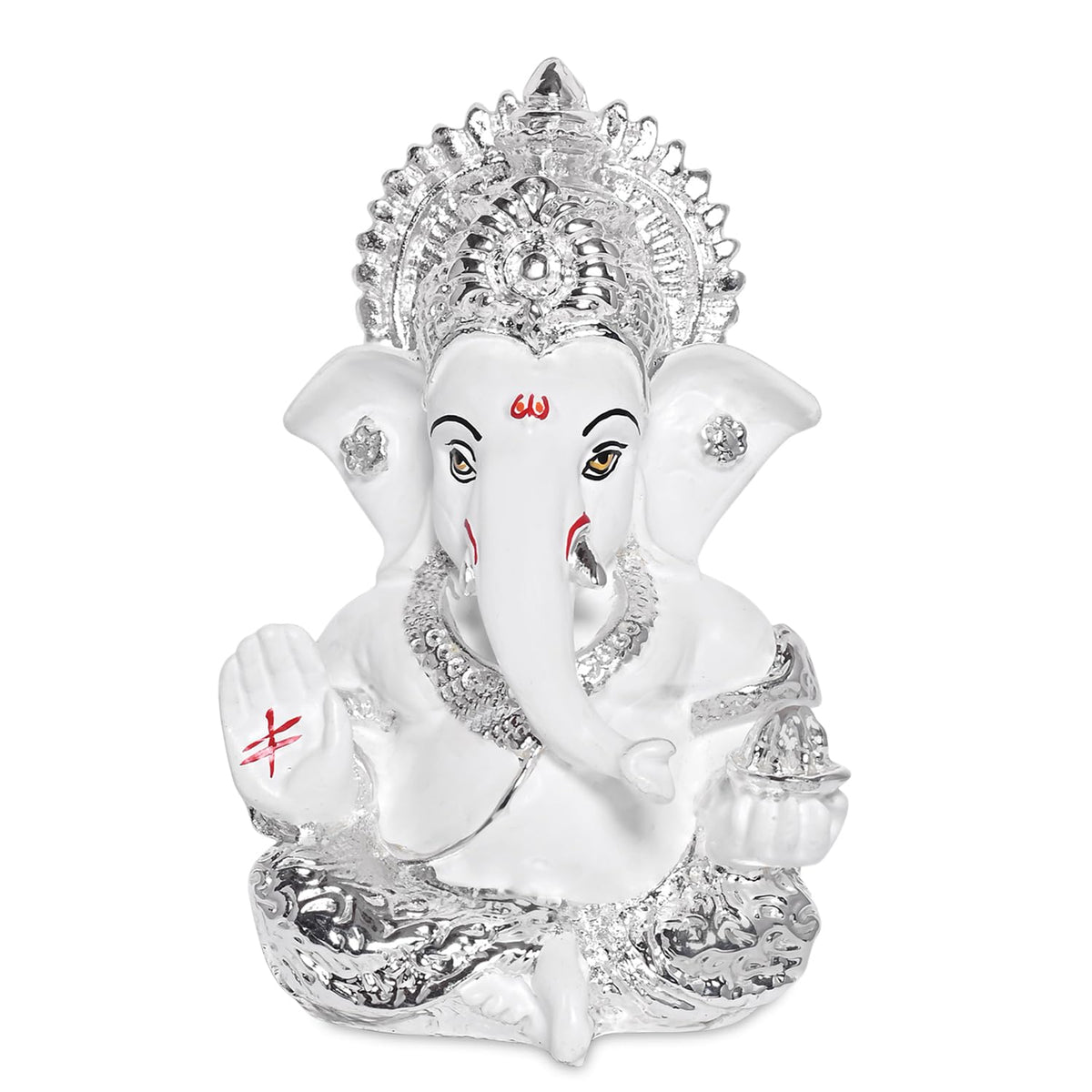 999 Silver Plated Resin Lord Ganesha Idol for Car Dashboard, Tabletop|Ganesh Statue for Good Luck and Success|Ganpati Murti for Home Decor Mandir, Office Desk Puja Gift White (8.4x4.2cm)
