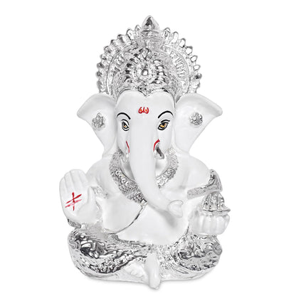 999 Silver Plated Resin Lord Ganesha Idol for Car Dashboard, Tabletop|Ganesh Statue for Good Luck and Success|Ganpati Murti for Home Decor Mandir, Office Desk Puja Gift White (8.4x4.2cm)