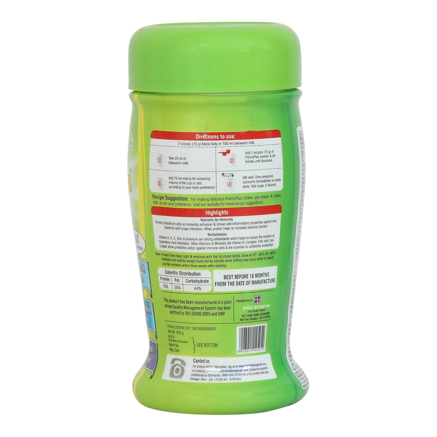 Green container with a label on a white background