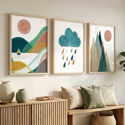 Boho Art Home Decoration Paintings With Frame For Living Room Bed Room Hotel Wall Decor Digital Reprint Set of 3 (13X17 inch)