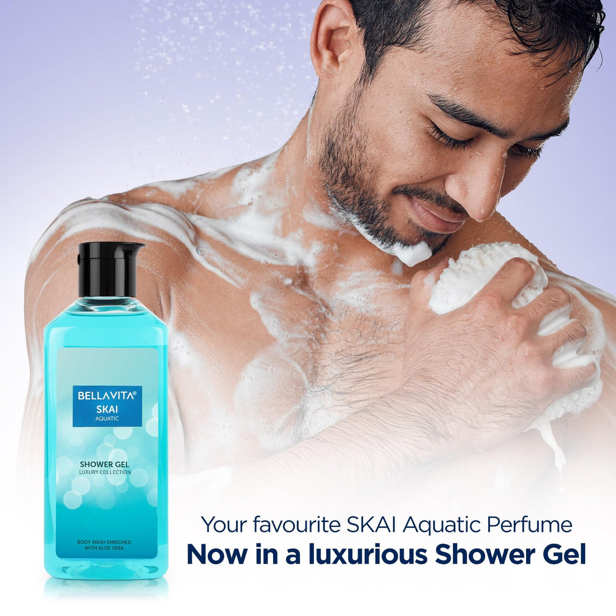 Man applying shower gel with a bottle of Bellavita SKAI Aquatic Shower Gel in the foreground.