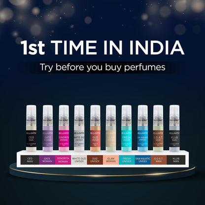 Row of perfume bottles with labels on a dark background, advertising '1st Time in India' perfumes.
