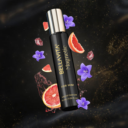 Bellavita Magnetic perfume bottle with grapefruit slices and flowers on a dark background