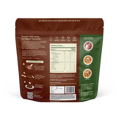 Back view of a pet food package with text, nutrition facts, and images on a white background
