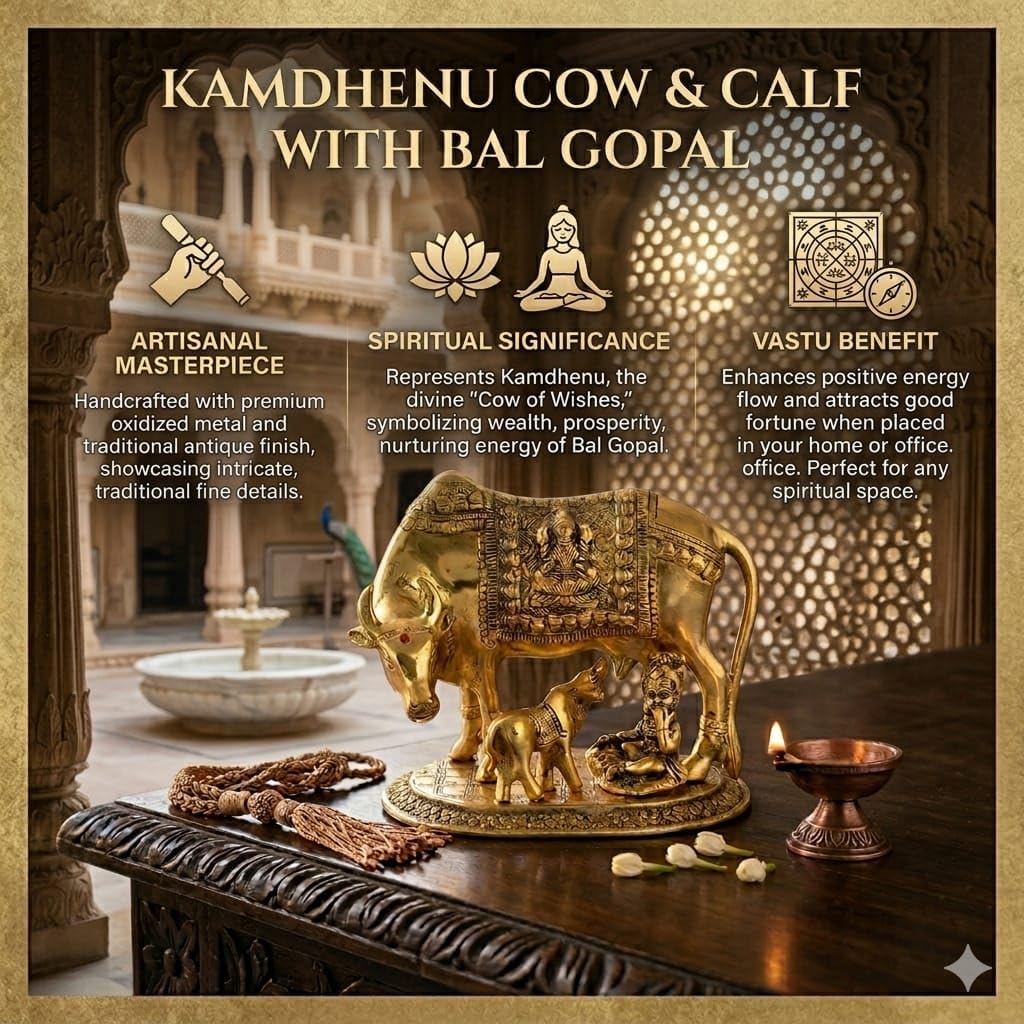 Polyresin Hand Painted Kamdhenu Cow with Calf God Figure Showpiece Decor (Golden, Small Size), 20L x 20W x 29H Centimeters