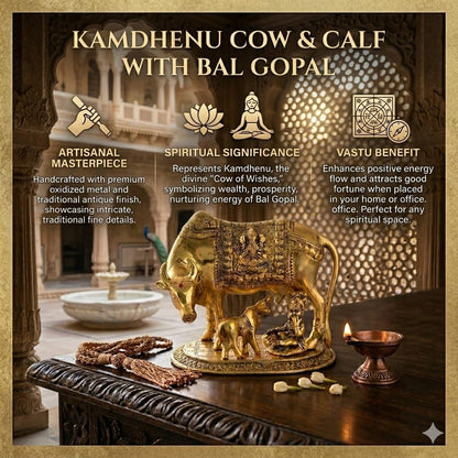 Polyresin Hand Painted Kamdhenu Cow with Calf God Figure Showpiece Decor (Golden, Small Size), 20L x 20W x 29H Centimeters