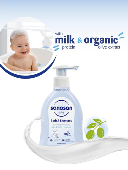 Sanosan bath & shampoo Hydrolysed Milk Protein Formula Daily Head To Toe Milky Wash No Tear Formula For Newborn Baby 2 In 1 Shampoo & Body Wash- 200 ml