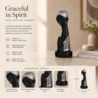Graceful Resin Namaste Statue of a Girl |Elegant Spiritual Décor (Pack of 1, Black & Silver)