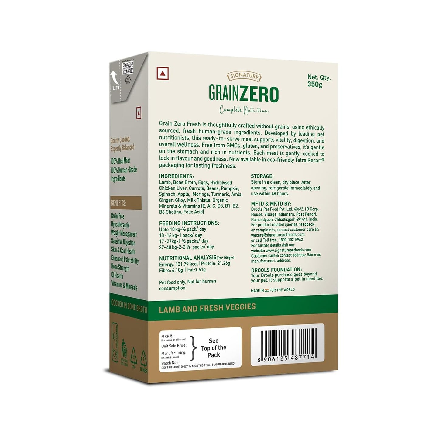 Grain Zero Dog Fresh Food Tetra Pak Lamb & Vegetables, for Adult & Puppy, 350g | Supports Joint & Health | Supports Immune System | Anti Inflammatory Properties | Ready to Serve | One Pack One Meal