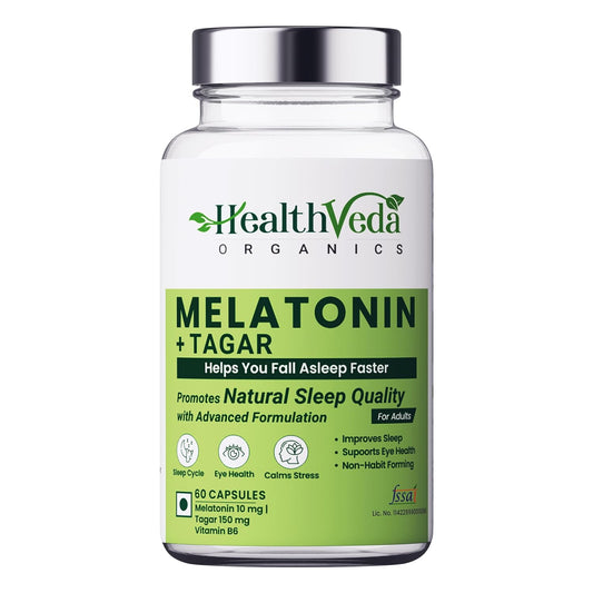 Zephivo HEALTH VEDA ORGANICS PRIVATE LIMITED Melatonin (10 Mg) + Tagar (125 Mg) | 60 Veg Capsules | For Better Sleep & Relaxation | Healthy Sleep Cycle (Non Habit Forming) | For Both Men & Women