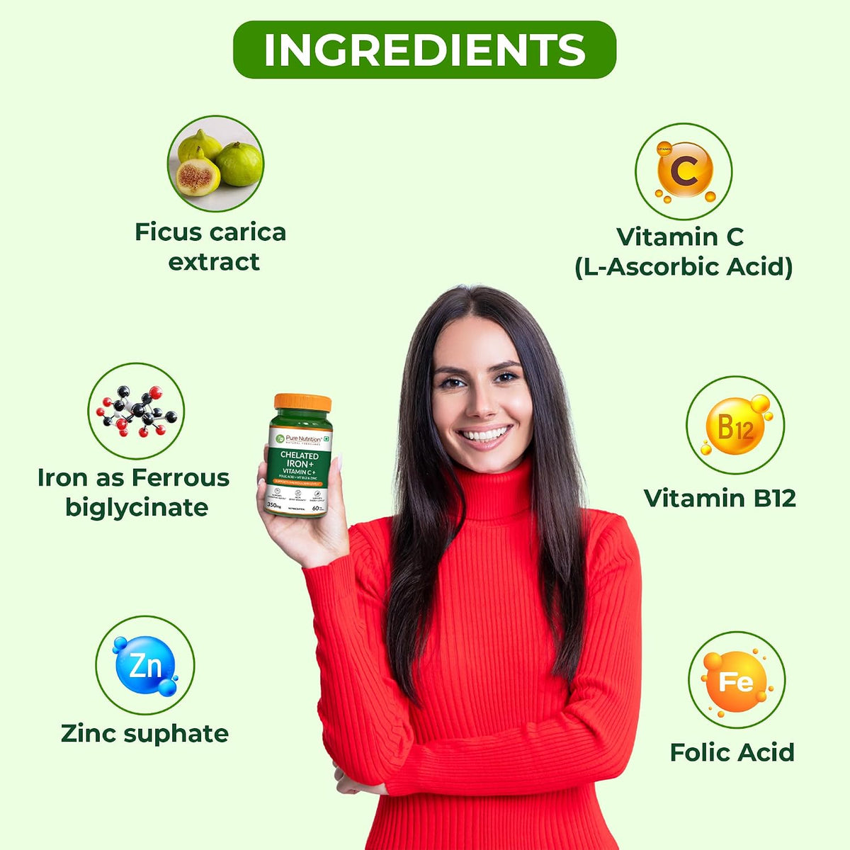 Pure Nutrition Chelated Iron Supplement for Women and Men | Folic Acid Tablets for Pregnancy | Hemoglobin Booster & Maintains Irons Level | with Zinc, Vitamin C & Vitamin B12 - 60 Veg Tablets for Hair Growth with Iron Bisglycinate