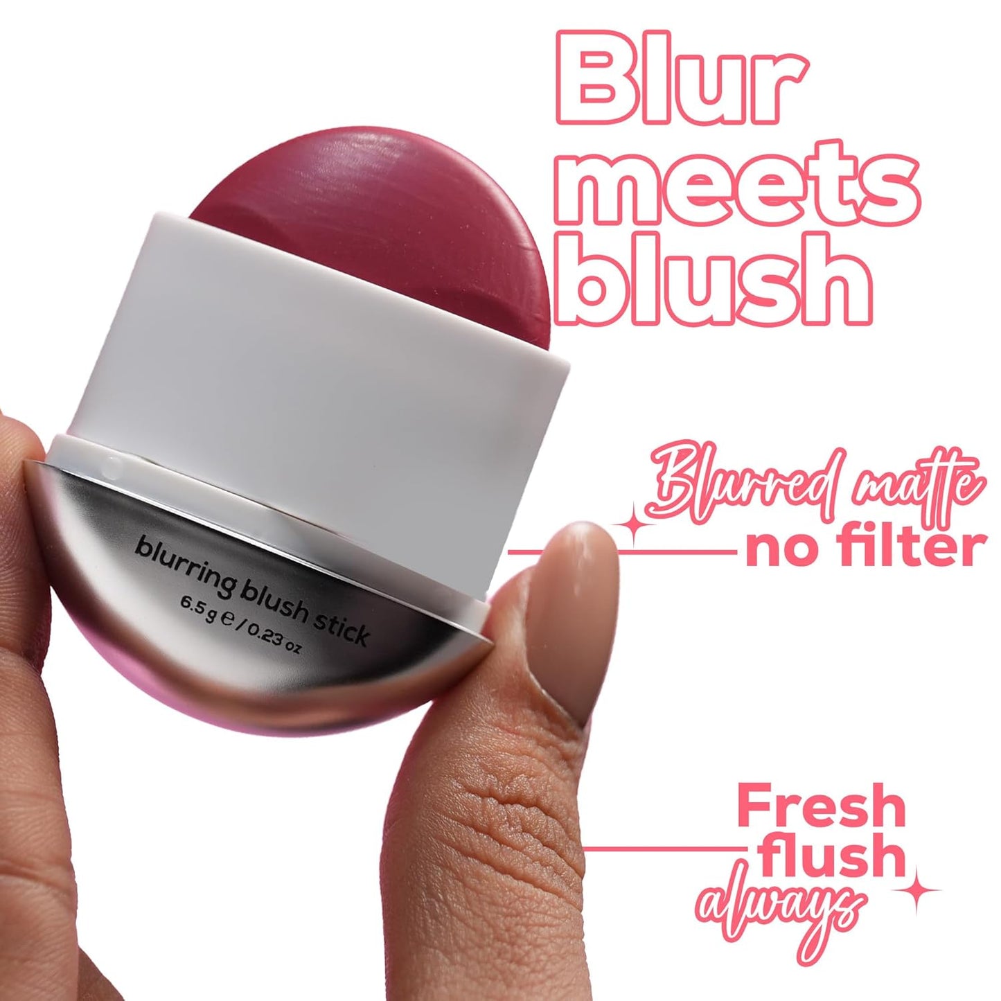 Blurring blush stick held by a hand with promotional text on a white background