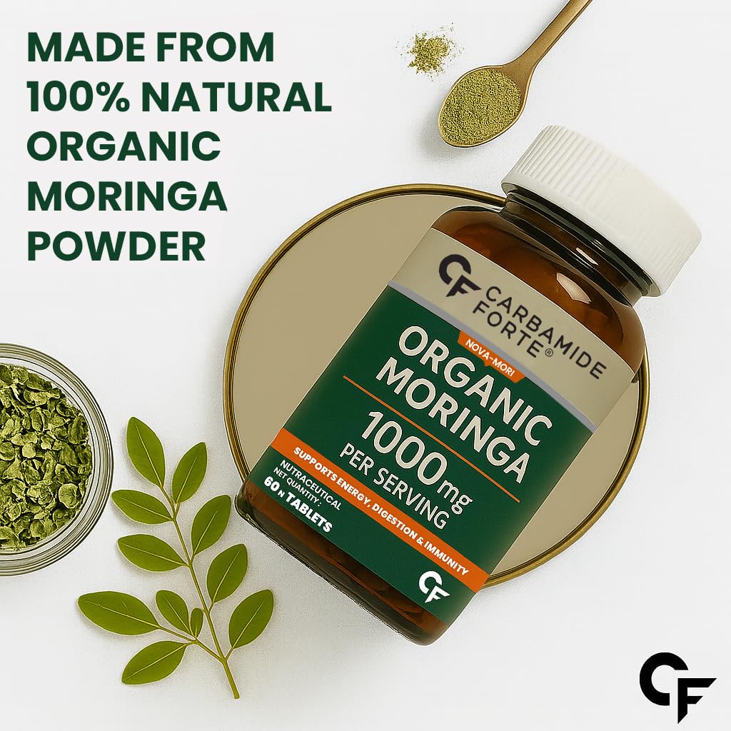 Bottle of Organic Moringa supplement with moringa leaves and powder on a white background