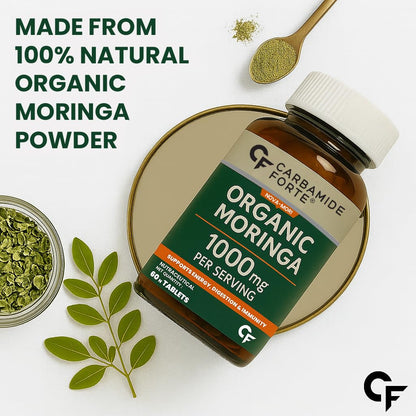 Bottle of Organic Moringa supplement with moringa leaves and powder on a white background