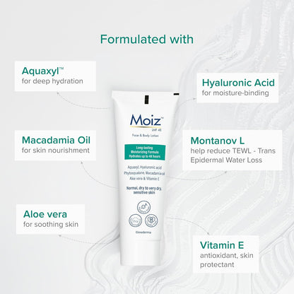Moiz LMF 48 Lotion | 48 Hour Long-Lasting Moisturizer | Formulated with 17 Moisturizers | Non-Comedogenic | Paraben & Cruelty-Free - 75ml