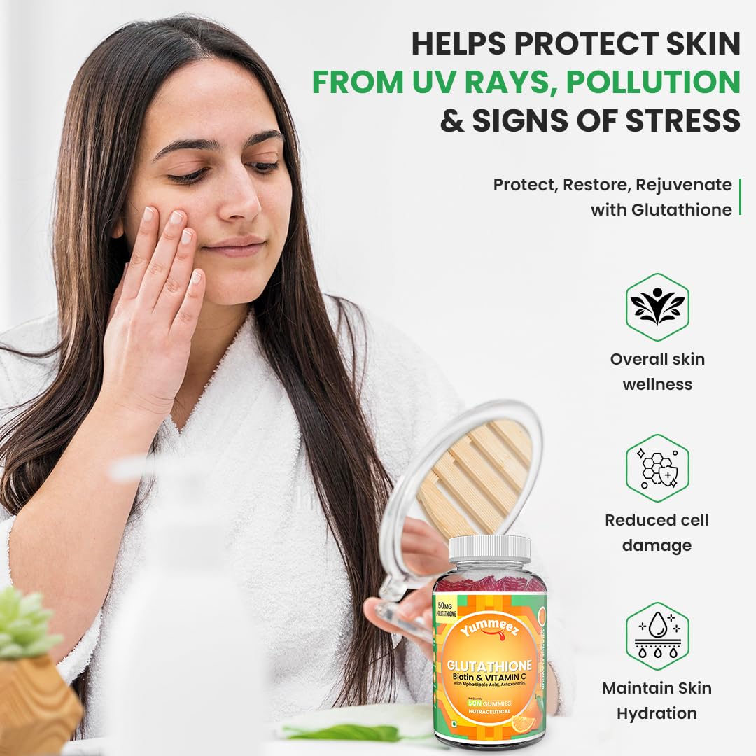 Woman holding a supplement bottle with text about skin protection and wellness.