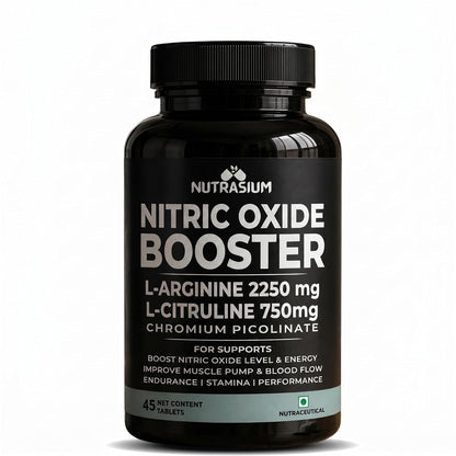 Nutrasium Nitric Oxide Supplement For Man | 2250 mg L-Arginine, 750 mg L-Citrulline with Chromium Picolinate For Supports Nitric Oxide Level, Improve Muscle Pump & Blood Flow, Boost Endurance, Stamina & Performance | 45 veg Tablets.