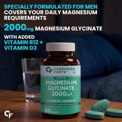Carbamide Forte Magnesium Glycinate 2000mg Supplement | Magnesium Supplement with Vitamin D3 & B12 | High Absorption Tablets for Muscle Recovery, Sleep, Bone & Nerve Health | 90 Veg Tablets