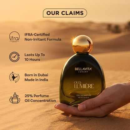 BELLAVITA OUD LUMIERE | Dubai Crafted | Perfume For Man | 100ml | 25% Oil Concentration | Oud, Leather, Sandalwood | Premium Long Lasting Perfume
