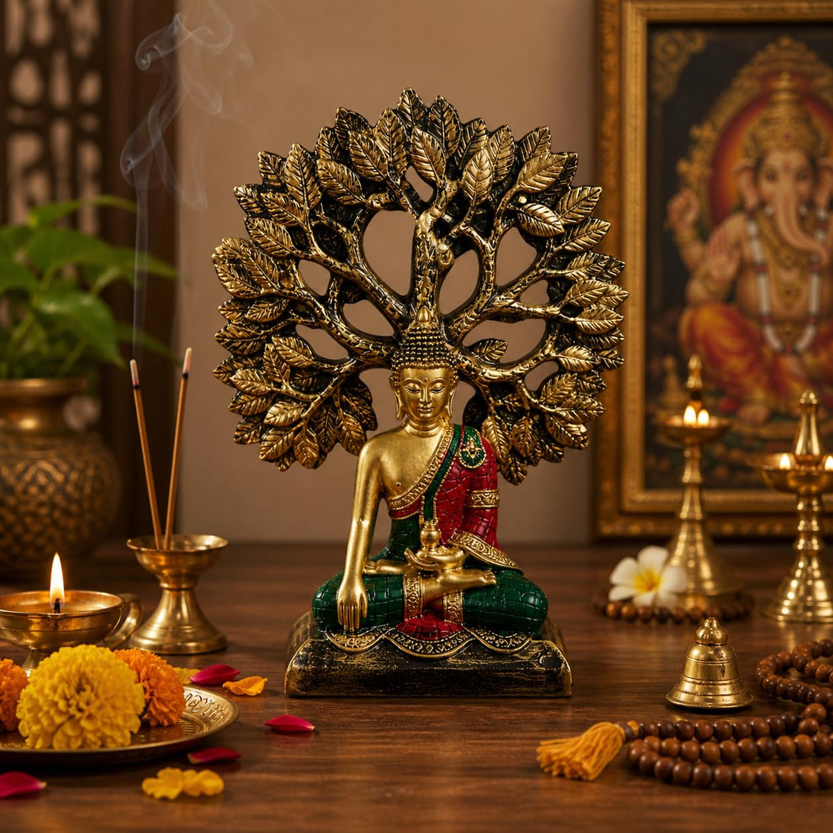 eCraftIndia Buddha Idol for Home Decor Living Room | Gautam Buddha Statue Under the Bodhi-Tree | Showpiece Gift for Housewarming Birthday