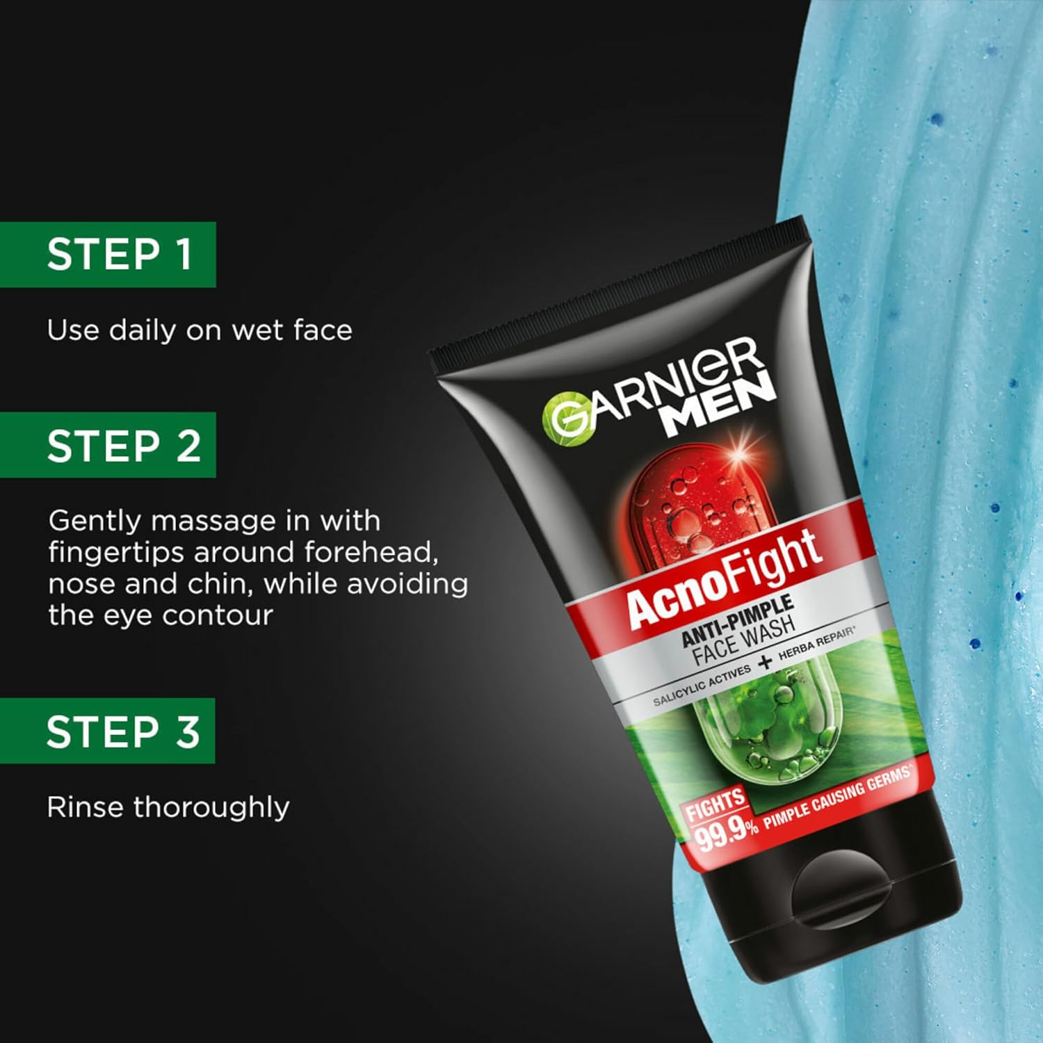 Garnier Men AcnoFight face wash tube with usage instructions on a black background