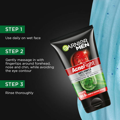 Garnier Men AcnoFight face wash tube with usage instructions on a black background