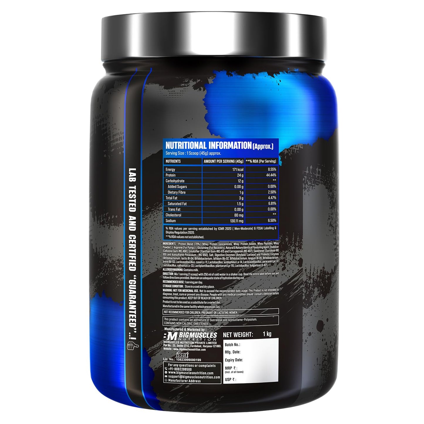 Supplement container with nutritional information label on a white background