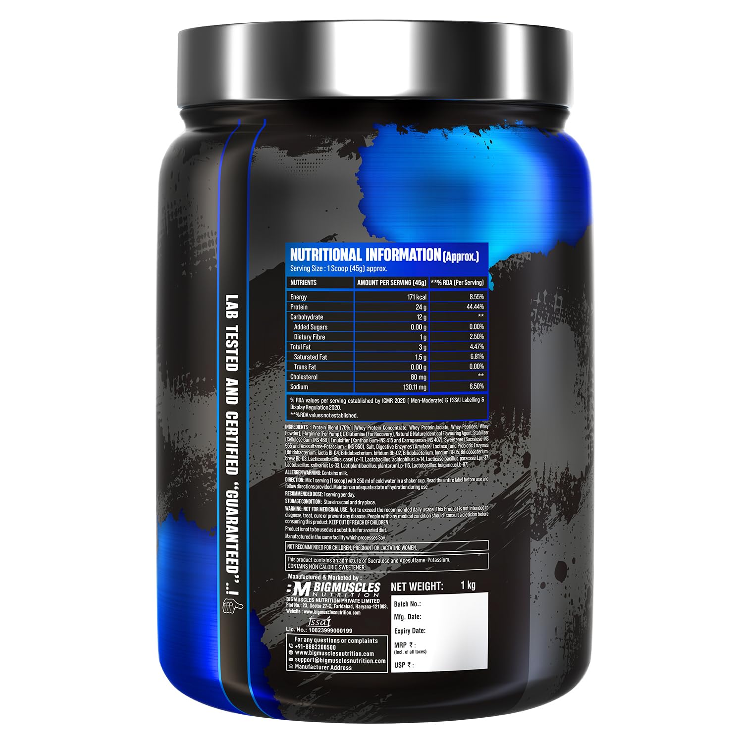 Supplement container with nutritional information label on a white background