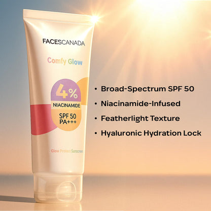 FACES CANADA Comfy Glow Sunscreen with 10% Niacinamide - 30ml | SPF50 PA+++ | UVA & UVB Protection | Feather Light Texture | Lightweight & Non Greasy | Brightens Skin | Hydrates Skin | Prevents Sunburns, Tanning & Premature Aging