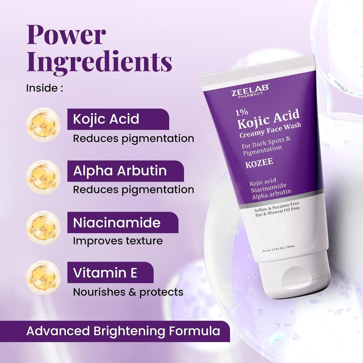 Zelab Kojic Acid Creamy Face Wash with power ingredients listed on a purple background