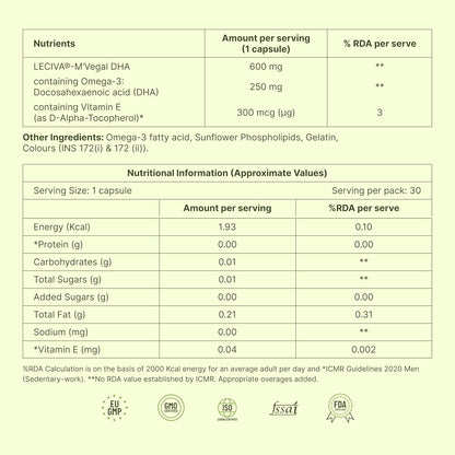 Phospholipids Omega 3 Supplement for Adults 50+ | Algal DHA 250 mg | Enhanced Absorption Phospholipid Formula for Brain Eye and Heart Support Capsules | 30 Capsules