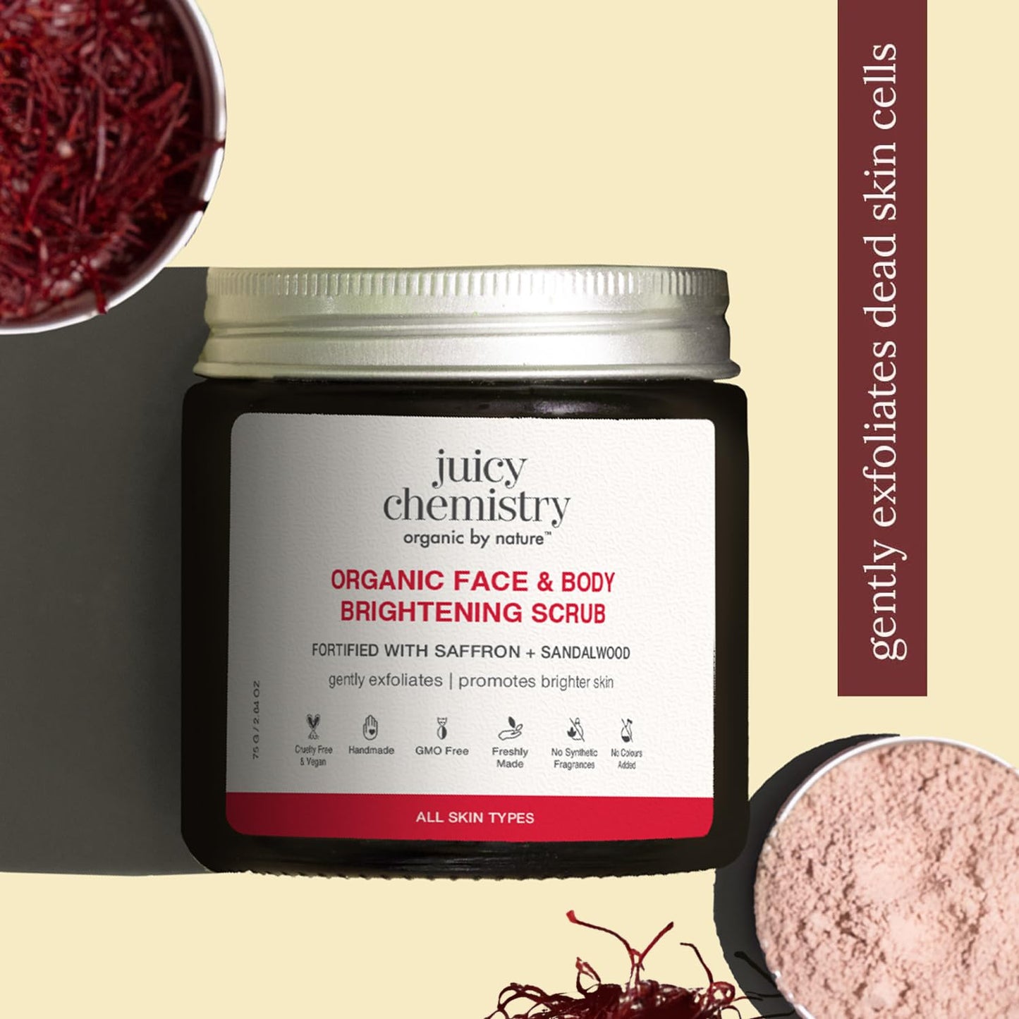 Juicy Chemistry Face & Body Brightening Scrub with Saffron & Sandalwood, 75g | Organic Exfoliating Scrub for Glowing Skin | Gently Removes Dead Skin Cells | Smoothens Skin Texture | Brightens Skin | Dermatologically Tested