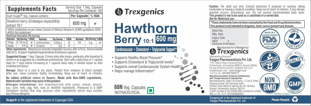 Supplement label for Hawthorn Berry by Trexgenics with nutritional information and branding.